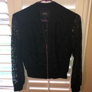 Black lace cropped bomber jacket.